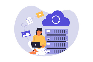 Wall Mural - Woman Doing Data Backup to Cloud Server Illustration. Vector Flat Illustration