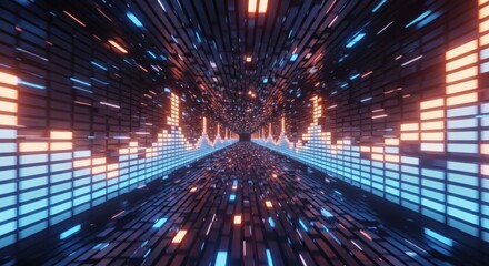 Canvas Print - abstract tunnel with pulsing equalizer bars and glowing particles