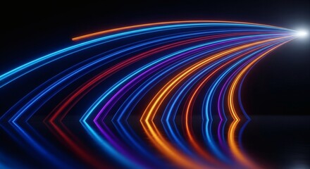 Canvas Print - neon light streaks curve and converge to a bright point on a dark reflective surface