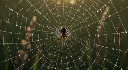 A Spider Sitting on its Web in the Morning Dew, Macro Photography