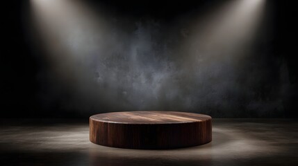 Wall Mural - wooden round podium with spotlight in a dramatic studio lighting setup