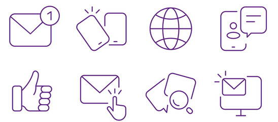 Digital communication icons showcase email, social media, and global connectivity.