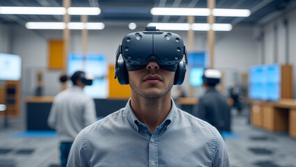 A man using a vr headset to explore virtual reality and experience immersive technology