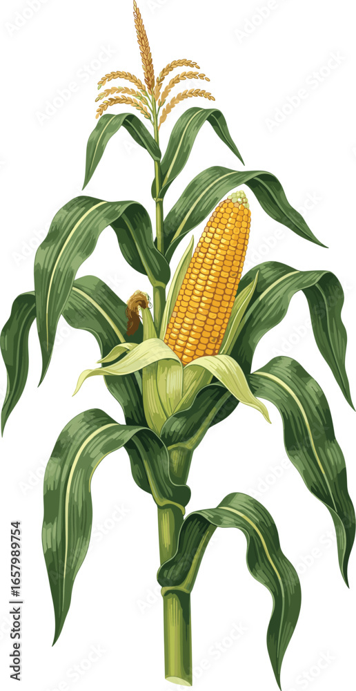 Corn plant illustration, botanical vector, green leaves, yellow ear, tassel  detail, agriculture crop, educational diagram, maize anatomy Stock Vector |  Adobe Stock