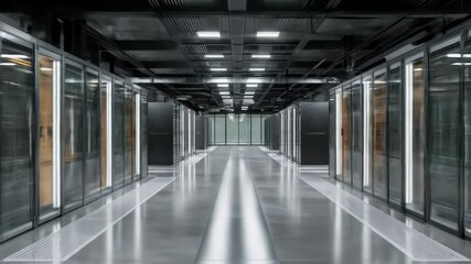 Symmetrical, modern corridor with servers and overhead lighting