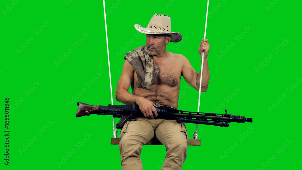 Cinematic style of rugged shirtless man in cowboy hat sitting on rope ...