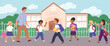© YummyBuum - Students go school. Little pupils, boys and girls go to school with parent, kids education, happy children, backpacks, schoolbag with books, cartoon flat isolated garish vector concept