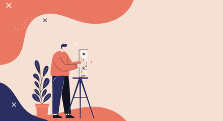 Man operating a modern digital device for creative or technical work, representing data processing, innovation, and digital content creation.