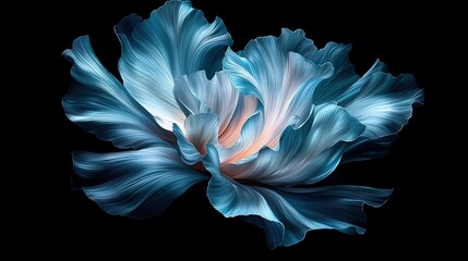 Wall Mural -   A blue flower on a black background with white centers in the middle of each petal and a pink center at its base