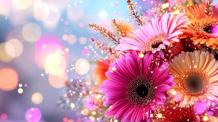   A close-up of a colorful bouquet against a gradient of blue and pink, with soft bokeh in the background