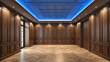 © Shawon - An empty room with wood paneling walls and herringbone flooring with blue led ceiling lighting