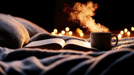 Wall Mural -   A mug of coffee resting near an open novel and a glowing candle in the backdrop