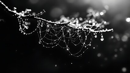 Dewy spider web on branch dew drops black and white