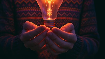 Wall Mural - warm glow of light bulb in hands symbolizing creativity and inspiration