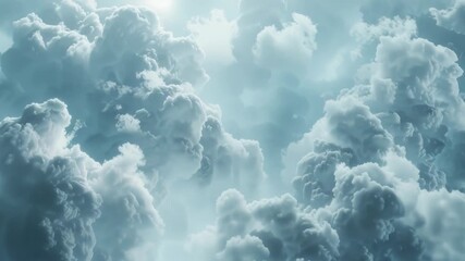 Wall Mural - aerial photography of an airplane soaring through fluffy white clouds against a bright blue backgrou