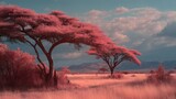 Surreal Pink Savannah Landscape with Acacia Trees and Cloudy Sky surreal landscape pink trees