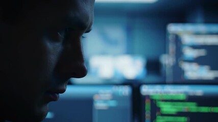 Profile of a programmer in front of multiple computer screens
