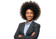 © Vooglo.com - A confident and smiling young african american woman in a business suit with her arms crossed, isolated on a transparent background