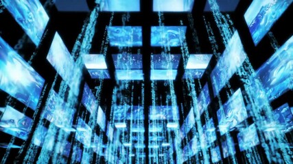 Abstract data stream with screens and digital binary information