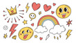 © Forida - Collection of cheerful hand drawn doodle elements including a crown hearts lightning bolts stars a rainbow clouds and smiling faces