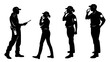 © Forida - Silhouettes of security guards in uniform one holding a device others talking on phones or thinking