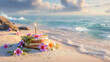 © Lilufa - A birthday cake decorated with flowers on a tropical beach with ocean waves, a celebration of life
