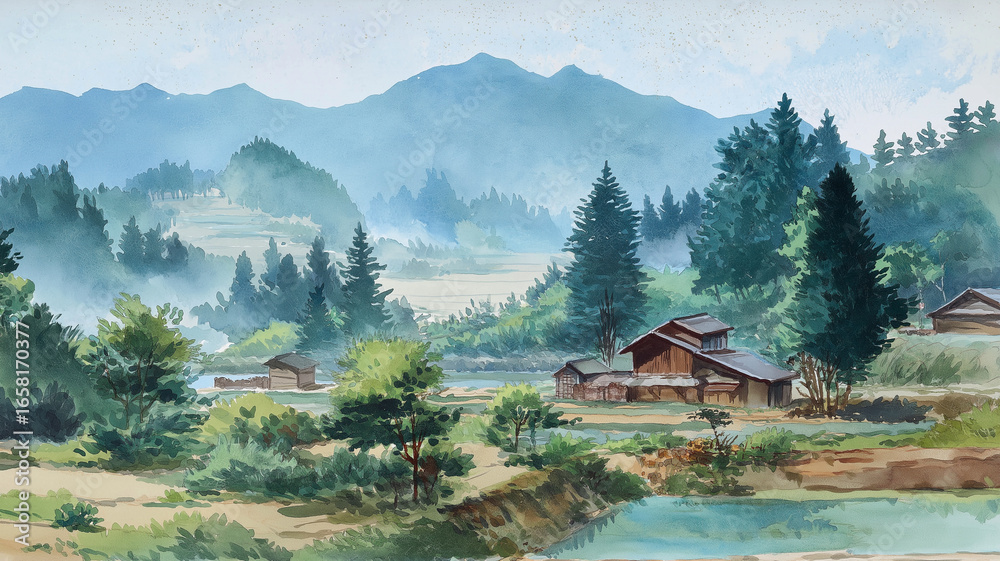 1950年代の農村風景を水彩画で表現した日本の田舎イラスト。木造の家屋