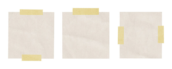 sticky notes, set of three blank vintage paper sheets taped with masking tape isolated on transparent background for scrapbook design notes memos or retro collage elements