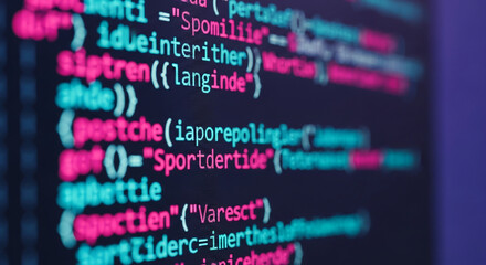 Close-up of colorful computer code on a dark screen, showcasing programming language syntax in pink and teal, representing technology, software development, and digital innovation