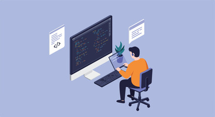 Developer coding on computer at desk with program symbols; workplace