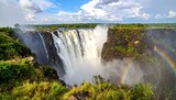 Majestic Victoria Falls cascading down a dramatic cliff face, with a vibrant rainbow arching across the spray.