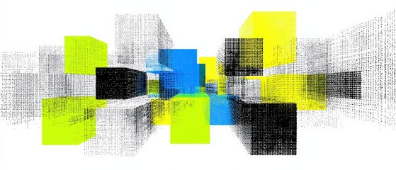 Wall Mural - abstract geometric shapes with halftone pattern in blue, yellow, and black on white background conce