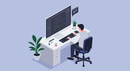 Isolated programmer coding at office. Plant, calendar, dialog box in background