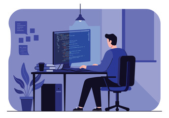 Person coding at desk with notes in background for software development or web design