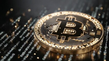 Close-up of a golden Bitcoin coin on a dark background with digital code