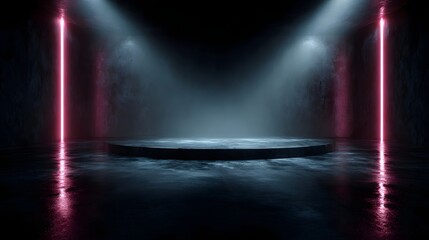 Wall Mural - Futuristic podium with neon lighting in a dark sci fi inspired environment