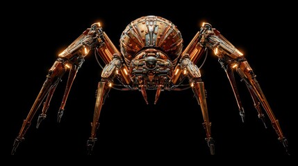 A metallic spider robot with intricate details stands poised against a stark black background