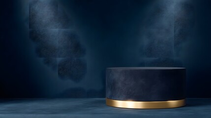 Wall Mural - elegant dark blue podium with golden rim and dramatic lighting