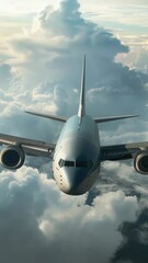 Wall Mural - a large commercial airliner soaring through a cloudy sky with white puffy clouds below