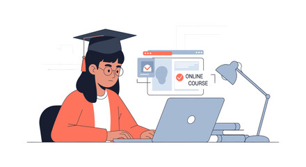 A student wearing a graduation cap is attending an online course using a laptop computer.