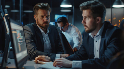 Business professionals collaborating in a dark office analyzing data and codes