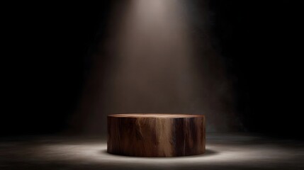 Wall Mural - Wooden podium under a focused spotlight in a dark studio setting