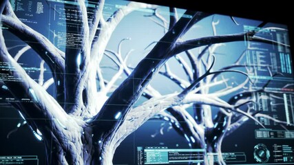 Surreal futuristic tree interface displaying complex data