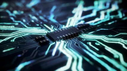 Close up on complex blue circuit board, data flow concept