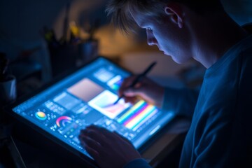 A man is drawing on a computer screen with a stylus