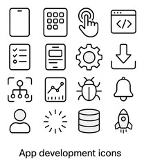 Linear app development icon set featuring tablet, keypad, touch, code, checklist, document, gear, download