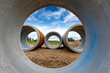 Concrete drain pipes on construction site with landscape background