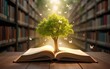 © gu - The concept of education by planting a tree of knowledge in the opening of an old book in the library and the magical magic of light that flies to the destination of success. Beautiful background