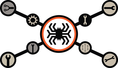 Spider Web with Tools and Gear Vector Illustration on Transparent Background