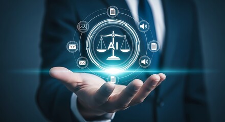 photo of artificial intelligence in law concept, lawyer holding ai justice scales